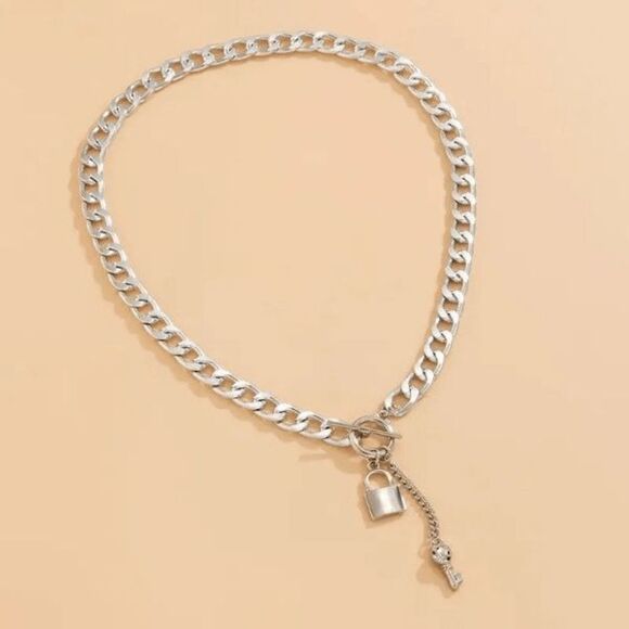 Lock and Key Diamond Silver Chain Necklace - Picture 2 of 3
